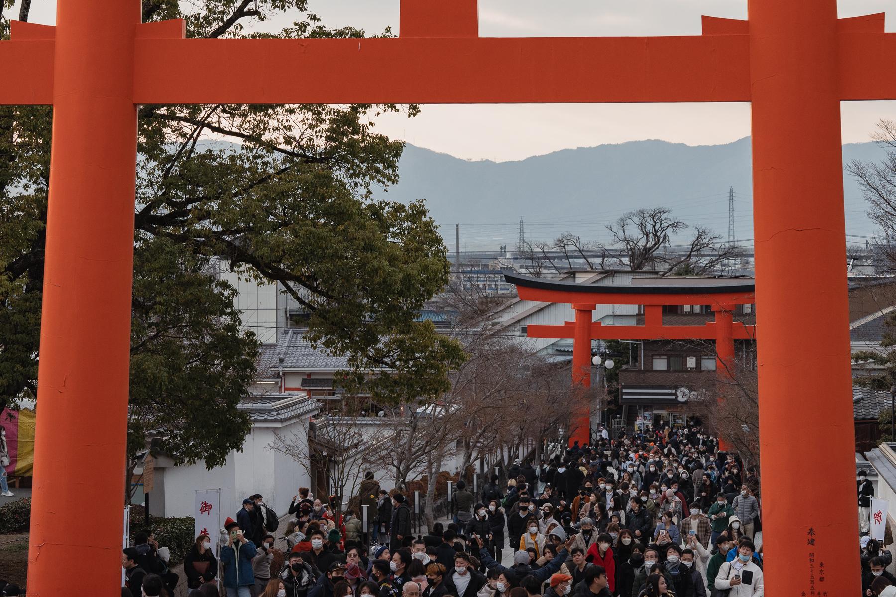 A large crowd of visitors at a prominent shrine in Kyoto (Fushimi Inari Taisha) on New Year's Day.