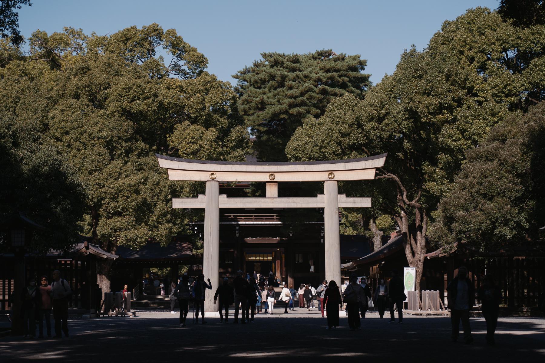 A gate, called <i>torii</i>, at a Shinto shrine. Torii can be found in many different places: city streets, forests, rivers, fields, and more.