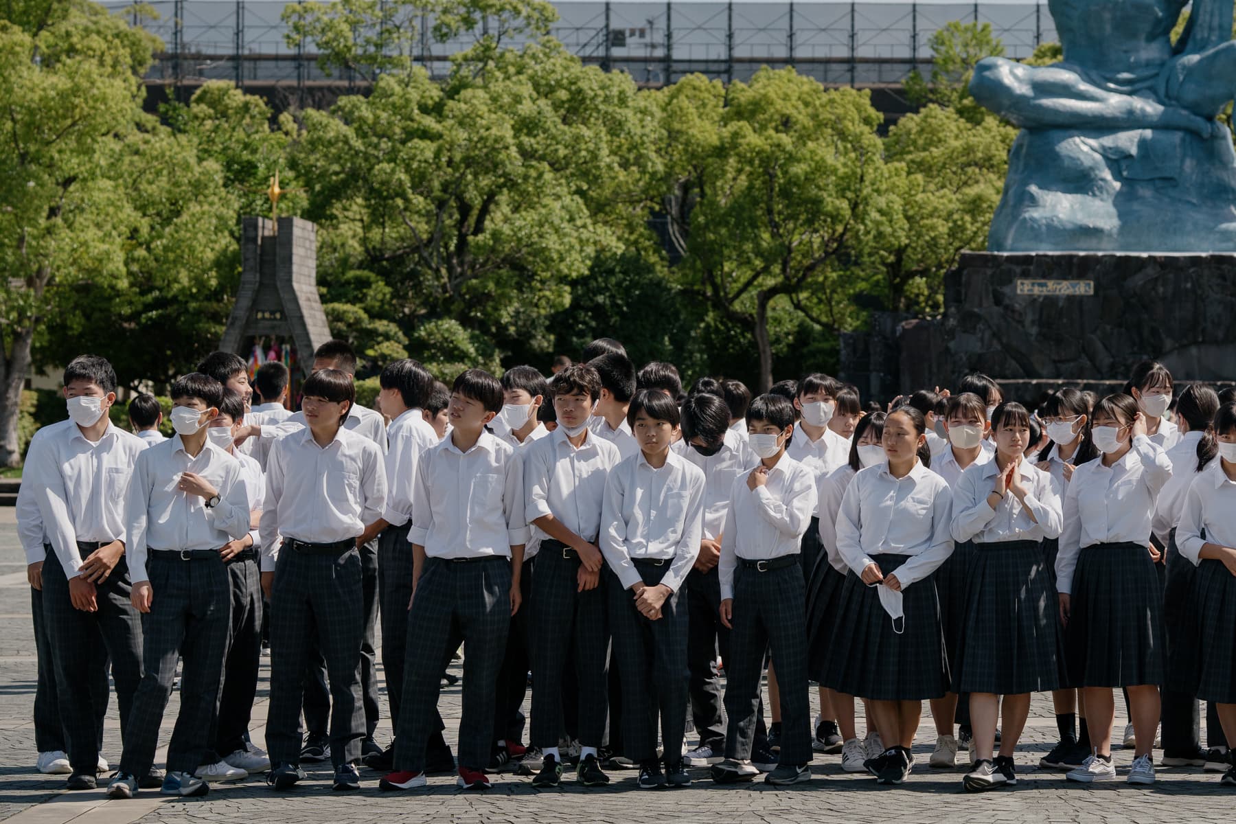 Students in uniform on a school trip in Nagasaki. 